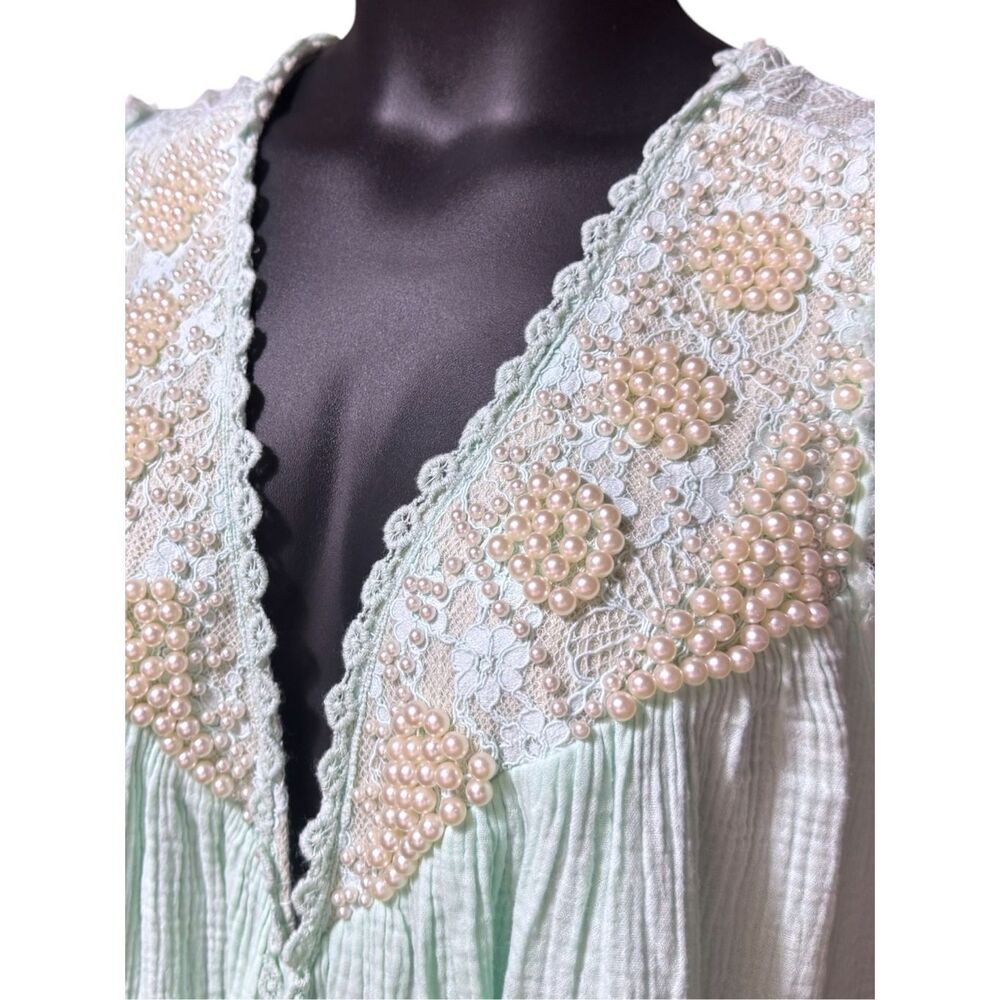 POL Embroidered Pearl Open Front Vest Boho Lace Sleeveless Cardigan Pale Mint L - Picture 8 of 9